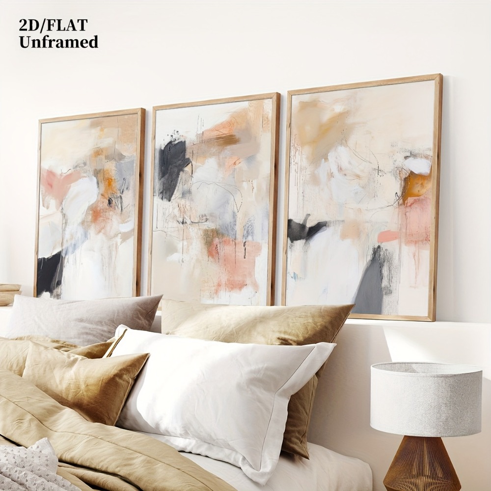 Abstract Canvas Set - 3 stuks frameloze, neutrale beige blush