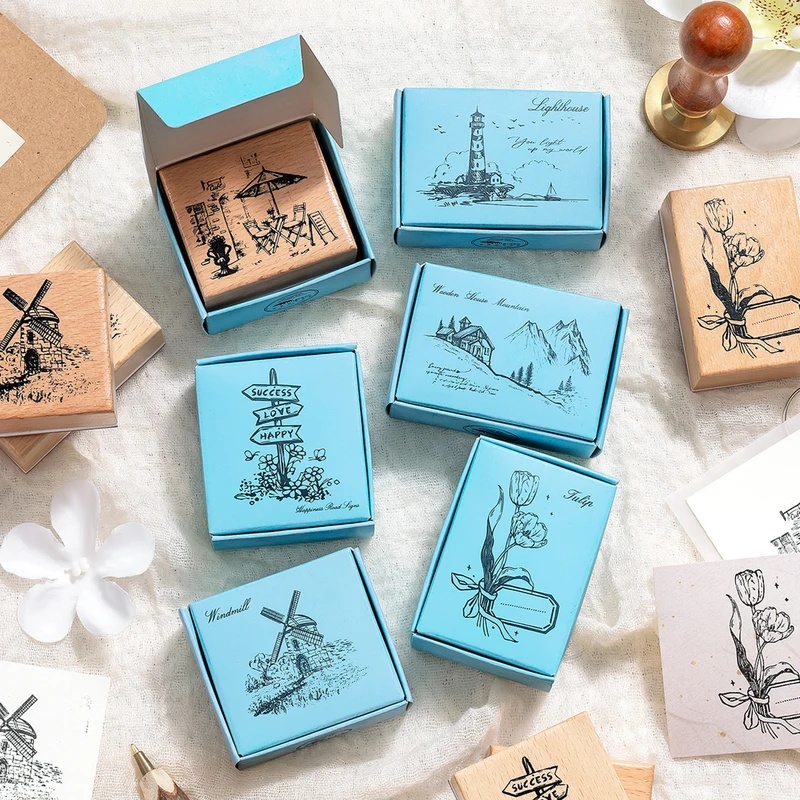 Wall Sticker - Vintage houten rubberstempels, retro landschapsmotief met